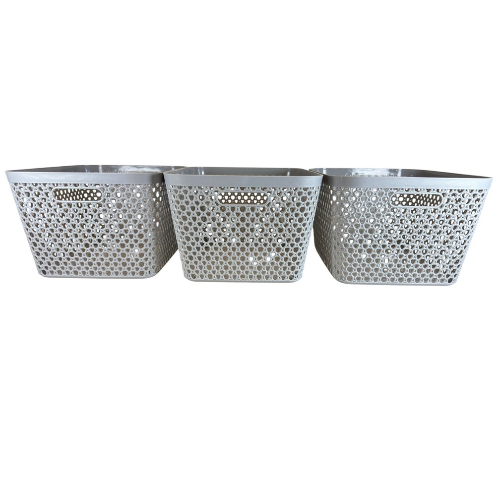 Set of 3 Gray Plastic Woven Lattice Storage Baskets with Handles 11x9.5x7.5